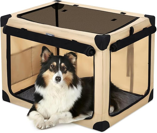 32 Inch Collapsible Travel Dog Crate for Medium Large Dogs, Portable 4-Door Foldable Soft Kennel with Mat and Durable Mesh Windows for Car & Outdoor, with Storage Bag