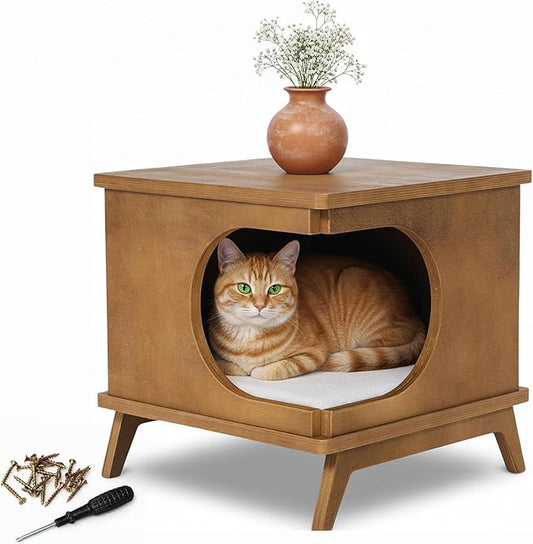 Modern Wooden Cat Bed End Table for Indoor Cats ??15.7"x15.3"x15.7" Cat House Side Table with Cushion ??Stylish Nightstand Cat Condo for Bedroom or Living Room ??Compact Pet Hideaway Furniture