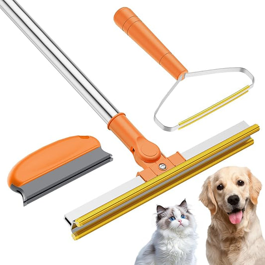 3 in 1 Carpet Rake for Pet Hair Removal, Tool Set of 3, 55??Long Handle Carpet Pet Hair Removal Carpet Scraper Dog Cat Hair Remover for Sofa, Couch, Car, Rug (Orange)