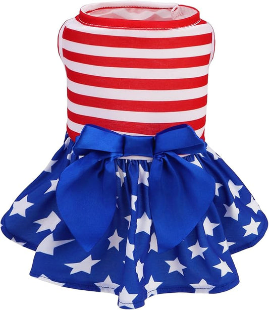 PUPTECK Print Dog Dress Pet Apparel for 4th of July with Cute Bowtie Puppy Clothes Outfit, Flag, S