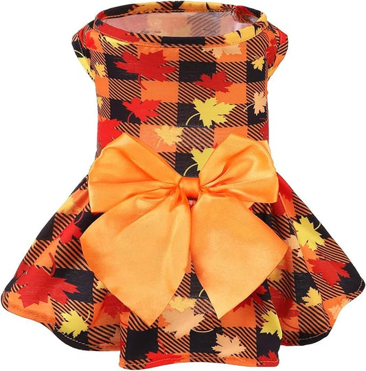 PUPTECK Plaid Dog Dress Pet Apparel for Autumn with Cute Bowtie Puppy Clothes Outfit, Maple Leaf, L