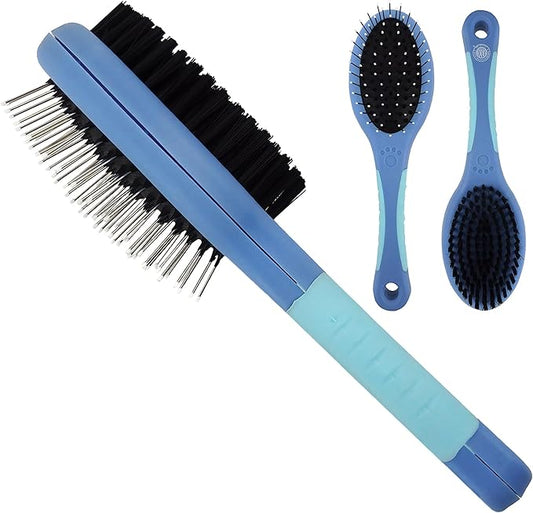 American Kennel Club AKC Pet Grooming Brush for Dogs and Cats - 2-in-1 Deshedding and Detangling Brush with Dense Nylon Bristles, Removes Loose Hair for Short and Long Coat Dogs and All Breeds