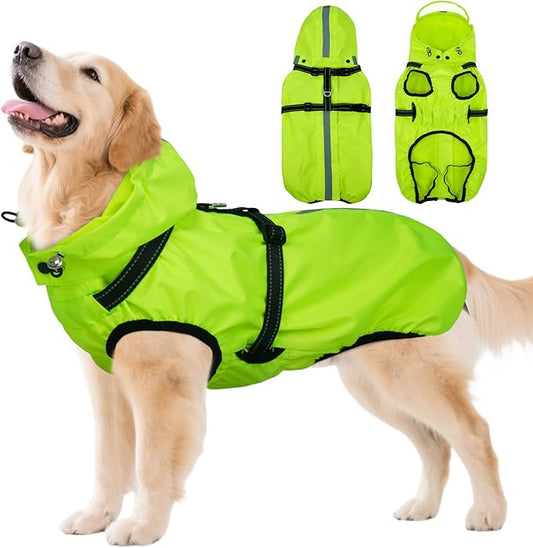 Dog Raincoats for Large Dogs with Hood, Waterproof Dog Rain Jacket with Adjustable Built-in Harness & Back Zipper, Reflective Strip, for Rainy Walks, Muddy Roads - Fluorescent Green XXXL