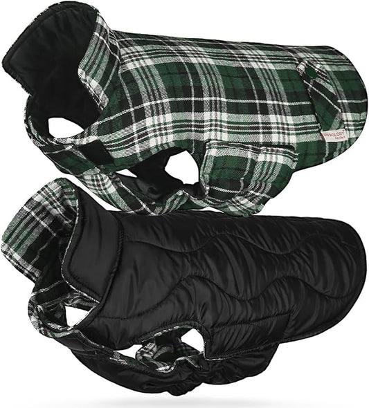 VIVAGLORY Softjoy Dog Coat, Dog Jacket for Winter & Christmas, Coat with Harness Hole & Velcro Closure, Reversible Plaid Checkered Warm Fluffy Heavy Duty for Puppy, L, Green