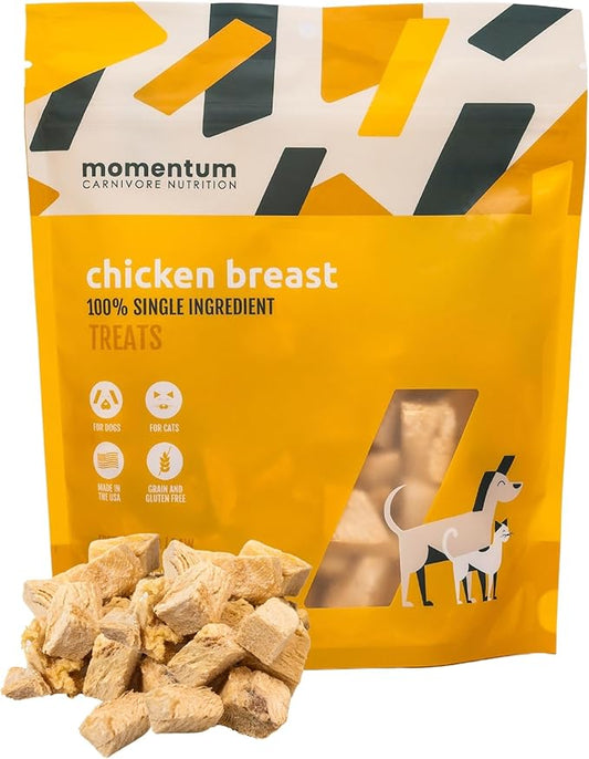Momentum Carnivore Nutrition Freeze-Dried Chicken Breast Dog Treats & Cat Treats ??Single-Ingredient, High-Protein, Grain-Free, Lean & Easily Digestible ??Made in USA ??3 oz Bag