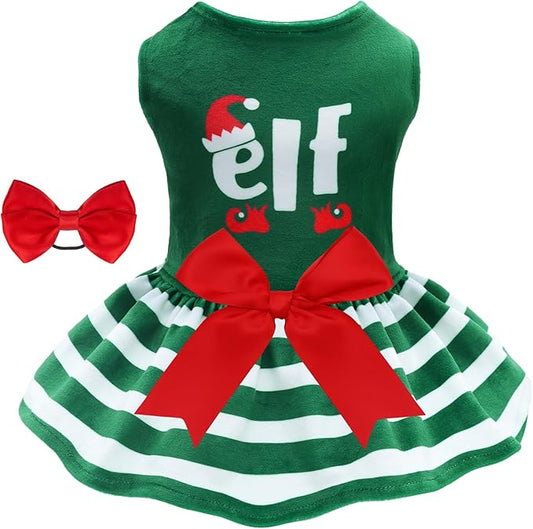 CuteBone Elf Dog Dresses Velvet Holiday Small Dogs Clothes Onesie Pet Apparel Girl Puppy Skirt with Bow Hair Rope CVA55S-D