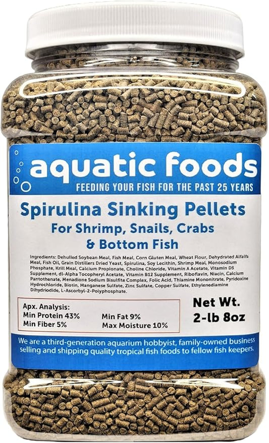Aquatic Foods Inc. Spirulina Sinking Pellets for Shrimp, Snails, Crabs, Catfish, Plecos for All Tropical Fish 1/16" x 3/8" Pellets by Zeigler??-lb 8oz Med Jar
