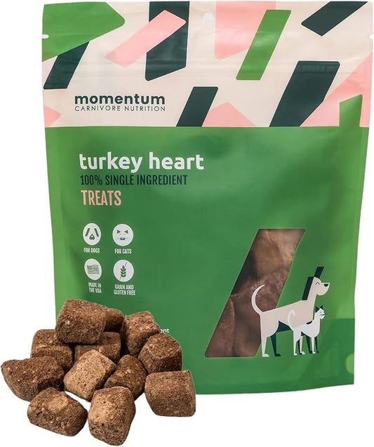 Momentum Carnivore Nutrition Freeze-Dried Turkey Heart Dog Treats & Cat Treats ??Single-Ingredient, High-Protein, Grain-Free, Lean & Easily Digestible ??Made in USA ??3 oz Bag