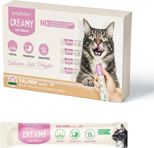 PETPHABET Lickable Cat Treats Squeeze, Creamy Puree Squeezable Wet Kitten Treats, Salmon Recipe 20 Tubes, Paste Snacks for Skin & Coat Health, Digestive Care, High Protein, Grain Free