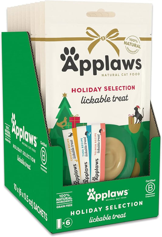 Applaws Lickable Holiday Cat Treats, Natural Grain-Free Purée, Made with Limited and Natural Ingredients, No Artificial Additives, Chicken, Tuna & Salmon Squeeze Up Cat Treats (60 x 0.5 oz Sachets)
