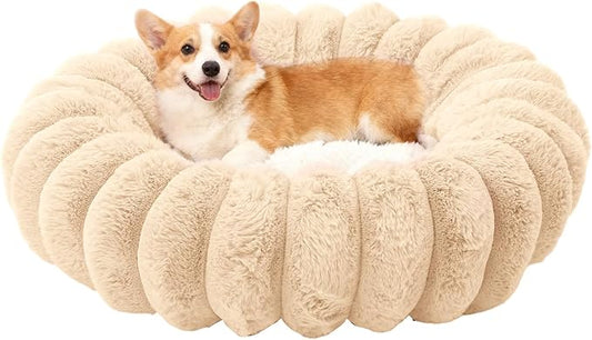 Cloudsoft Flower Cat Bed and Dog Bed, Washable Faux Fur Pet Bed with Non-Slip Water-Resistant Bottom, for Cats & Small Dogs up to 33 lbs, 29.9"x29.9", Light Beige
