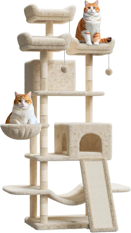 Multi-Level Cat Tree 68.5 in Tall Large Plush Cat Tower with Condos Plush Perches Sisal Scratching Posts Hammocks Basket Dangling Balls for Multiple Pussy and Small Medium Pets