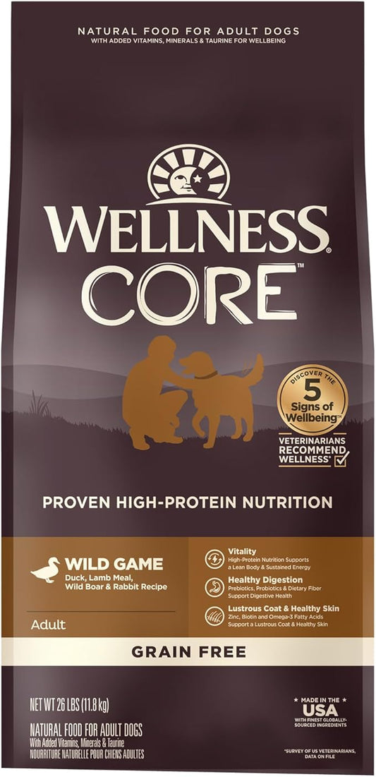 Wellness CORE Grain-Free High-Protein Dry Dog Food, Natural Ingredients, Made in USA with Real Meat, All Breeds, For Adult Dogs (Wild Game Duck, Lamb Meal, Boar & Rabbit, 26-Pound Bag)