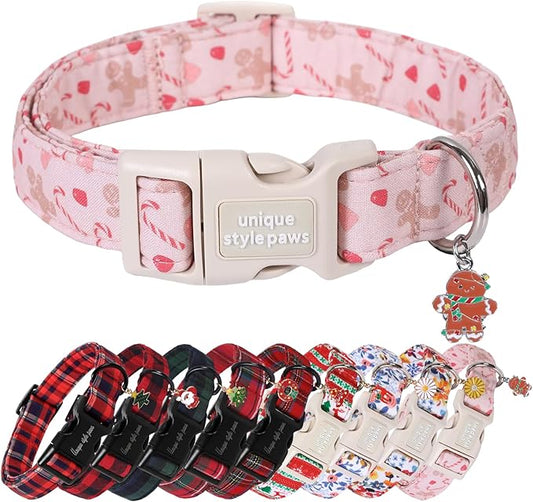 Unique Style Paws Christmas Dog Collar Plastic Buckle with Pendant Pink Gingerbread Cotton Puppy Collars for Small Medium Large Dogs