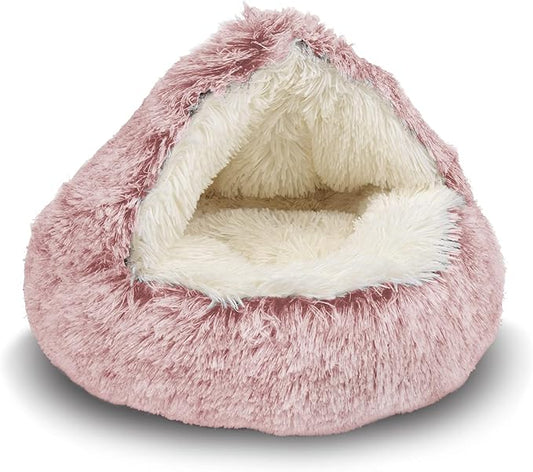 ShinHye Cat Bed Round Plush Fluffy Hooded Cat Bed Cave, Cozy for Indoor Cats or Small Dog beds, Soothing Pet Beds Doughnut Calm Anti-nxiety Dog Bed - Waterproof Bottom Washable (26×26inch, Pink)