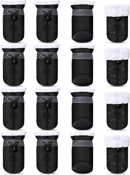 Weewooday 4 Sets 16 Pcs Waterproof Dog Shoes Rain Snow Boots Paw Protectors Breathable Dog Winter Boot Anti Slip Sock Shoe with Adjustable Drawstring for Pet(Black,Black,No. 2, 4x3.5cm)