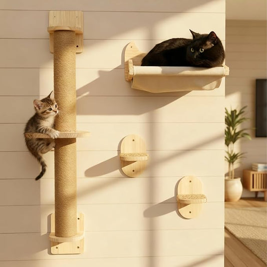 4-in-1 Window & Wall Mount Cat Wall Shelves ??Hammock, Scratching Post & Perch | Fits up to 25 lbs | Space-Saving Pet Furniture for Windows, Glass & Drywall | Modern Wood Cat Shelf Set