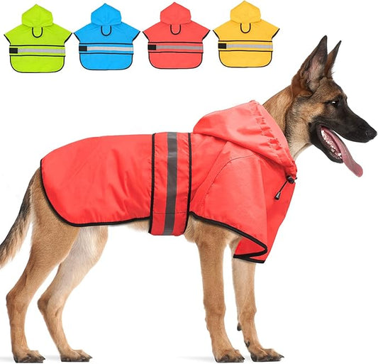 Candofly Dog Raincoat Hooded Poncho - Adjustable Waterproof Dog Rain Jacket Lightweight Reflective Dog Rain Coat Pet Slicker for Small Medium Large Dogs (Large, Bright Red)