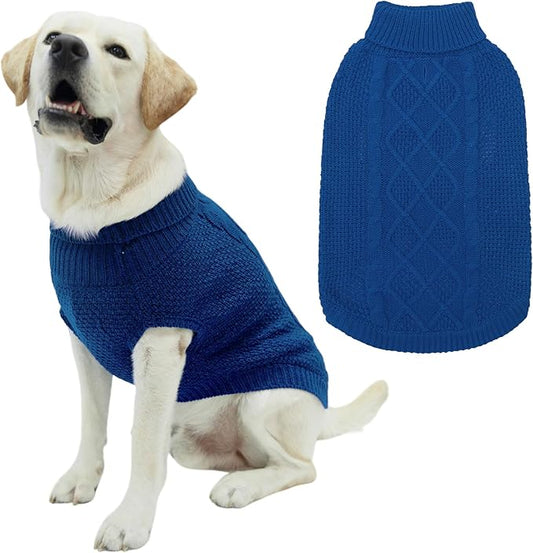 Mihachi Turtleneck Dog Sweater - Winter Coat Apparel Classic Cable Knit Clothes with Leash Hole for Cold Weather, Ideal Gift for Pet in New Year Royal Blue Medium
