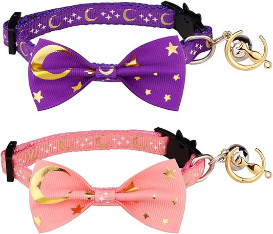 2 PCS Breakaway Cat Collar with Bow Tie and Bell Golden Moon Glowing Star in The Dark for Kitten(Purple&Pink)