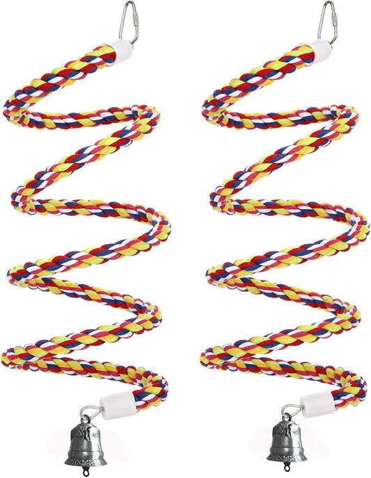 2Pcs 63'' Bird Rope Perches Birdcage Swing Toys 100% Cotton Natural Bird Perch Peck/Chewing with Bell Climbing Standing Bungee Parrot Toys for Small to Regular Size Parrot Cockatiel Birds