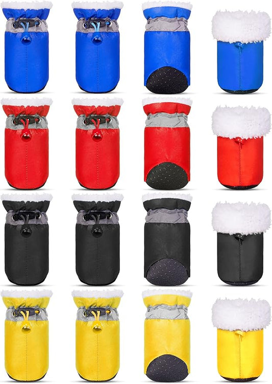 Weewooday 4 Sets 16 Pcs Waterproof Dog Shoes Rain Snow Boots Paw Protectors Breathable Dog Winter Boot Anti Slip Sock Shoes with Adjustable Drawstring for Pet(Blue, Black, Red, Yellow,No.7, 6.5x5.5cm)