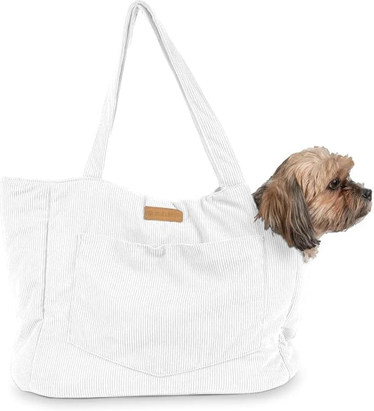 Corduroy Dog Carrier - Lightweight Cotton Soft-Sided Pet Tote with Safety Harness Clip - Breathable Travel Carrier for Small Dogs and Puppies (White)