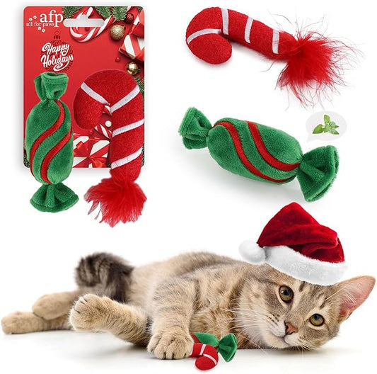 ALL FOR PAWS Christmas Cat Toys with Catnip, Teething Chew Bite Resistant Toy for Indoor Cats, Xmas Gift Kitten Toys, Interactive Kitten Toys