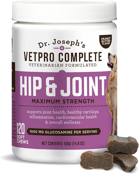 Dr. Joseph's VetPro Complete Peanut Butter Hip and Joint Dog Chews, 120 Count, Pain and Inflammation Relief with Glucosamine, Chondroitin, MSM, Turmeric, Vitamin C, Omega 3, Treats Hip Dysplasia