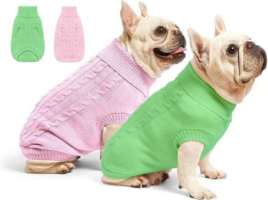 2 Pack Dog Sweaters for Small Dogs - Puppy Medium Warm Clothes in Winter, Turtleneck Pullover Design for Boy Girl Pet, Doggie, Cat, Kitten Chihuahua Bulldog Pug Beagles (S, Pink, Green)