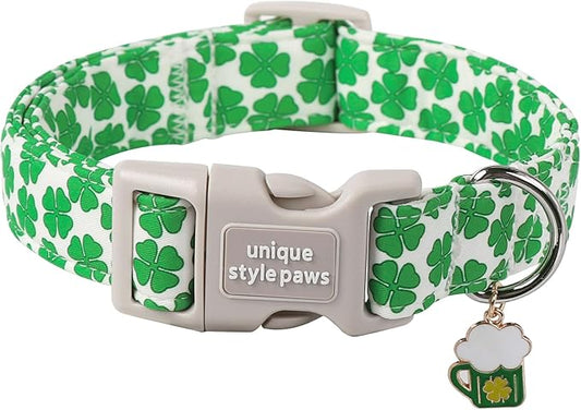 Unique style paws St. Patrick's Dog Collar Plastic Buckle Puppy Collar with Pendant Green Clover for Small Medium Large Boys Girls Dogs