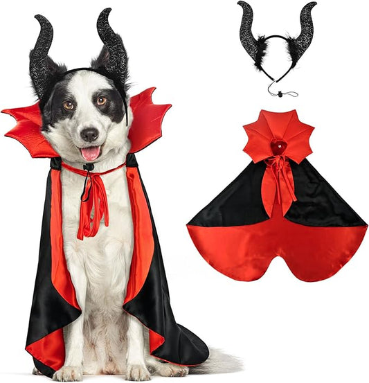 2 Pcs Dog Halloween Costume Set Cat Witch Vampire Cape Devil Horns Hat Holiday Clothes for Cat Puppy Halloween Party Pet Outfits XL