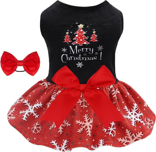 CuteBone Christmas Dog Dresses Velvet Holiday Small Dogs Clothes Onesie Pet Apparel Girl Puppy Skirt with Bow Hair Rope CVA54L-D