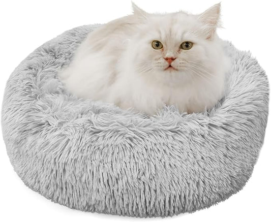 Cat & Dog Beds for Small Dogs Round Cat Beds for Indoor Cats Pet Bed for Puppy and Kitten with Slip-Resistant Bottom Plush Donut Cat Bed, Light Grey (XS-38cm)