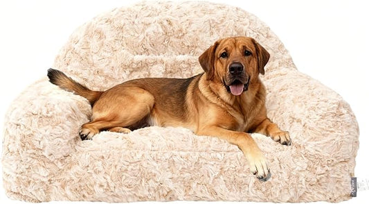 Vigoamar Dog Couch Bed, 35.5 x 22.8 x 17.7 Inches Luxury Fluffy Dog Bed for Dogs Indoor Use, Pet Sofa with Cozy Washable Cover and Non Slip Bottom for Cats and Small Medium Dogs (Large Size, Beige)