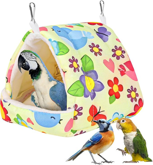Bird Bed for Cage Warm Winter Nest Hammock with Hanging Hook Cage Accessories for Small Birds Parakeets Cockatiels Love Birds Cockatiels Conures Hamster (Yellow, M)