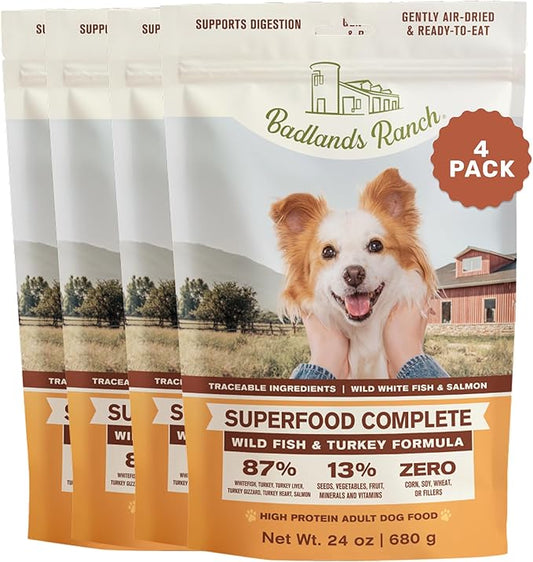by Katherine Heigl- Superfood Complete, Air-Dried Adult Dog Food - High Protein, Zero Fillers, Superfood Nutrition (24 Ounce (Pack of 4), Fish & Turkey)