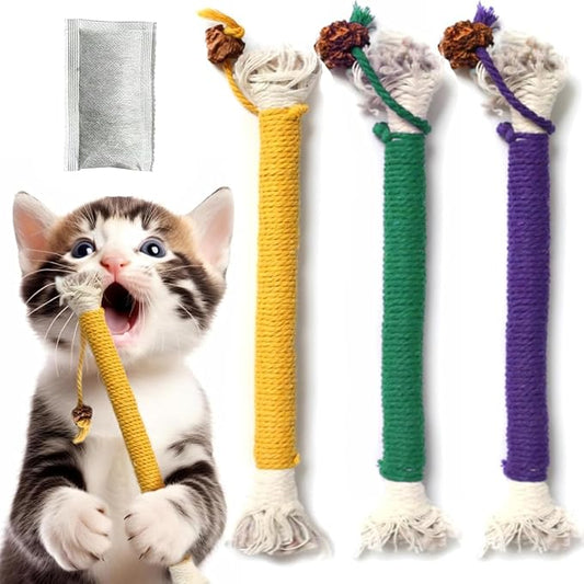3 PCS Cotton Rope Cat Toys with 1 Pack Catnip for Indoor Cats, Interactive Cat Rope Toys with Silvervine Fruit for Cats and Kittens, Handmade Pet Chew Toys for Teeth Cleaning