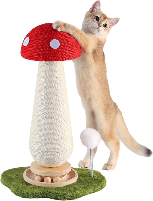 Mushroom Cat Scratching Post with Interactive Ball Track Spring Ball Cat Toys, 21.2" Cat Sisal Scratcher Tree for Indoor Cats, Red