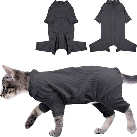 Sticky Hair Cat Clothes, Breathable & Lightweight, Reduces Shedding Fur Pajamas, Full Body Long Sleeve Surgical Bodysuit, Stop Licking & Shedding Darkgrey XS