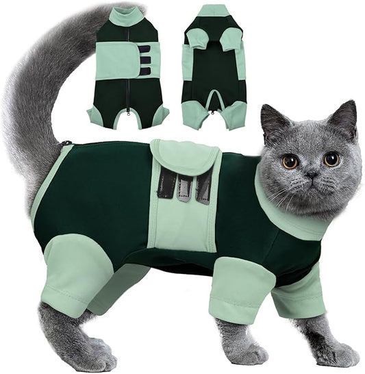 Anxiety Relief Cat Clothes with Zipper, Adjustable Calming Suit, Cat Apparel for Fireworks, Separation, Thunderstorms, Loud Noises, Comfortable Wrap to Reduce Anxiety, Green X-Large