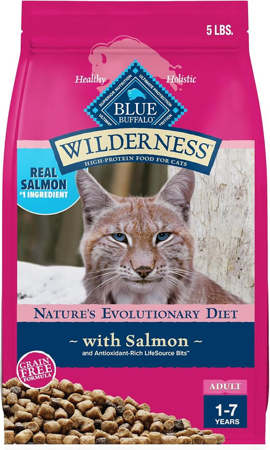 Blue Buffalo Wilderness Natural Adult Dry Cat Food, High-Protein and Grain-Free Diet, Supports Healthy Muscle Development and a Healthy Immune System, Salmon, 5-lb Bag