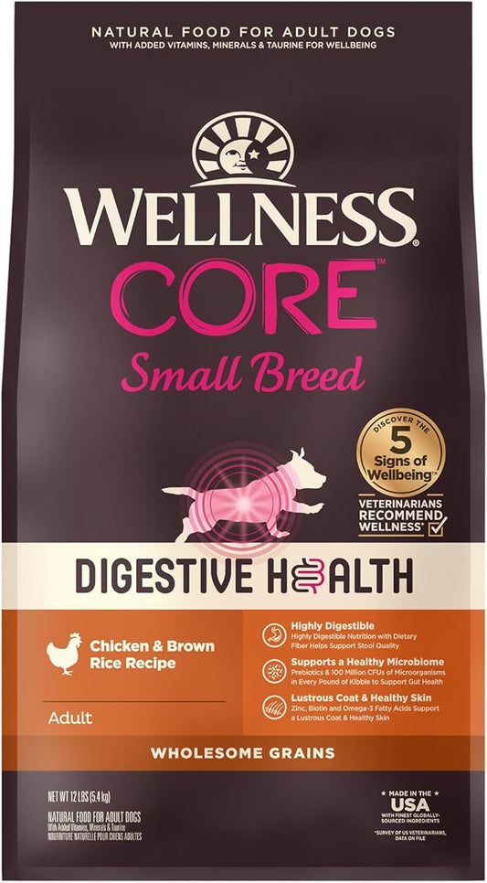 Wellness CORE Digestive Health Dry Dog Food, Small Breed, Wholesome Grains, Natural, Recipe for Dogs with Sensitive Stomachs, Chicken, (12-Pound Bag)