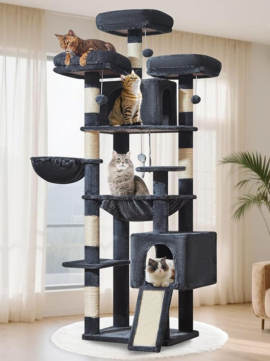 Taoqimiao 76-Inch Cat Tree XXL for Large Cats, Giant Cat Tower with Scratching Board, Extra-Large Metal Hammock, 3 Perches, 7 Sisal Posts, 2 Big Condos, Hanging Basket, Smoky Gray, MS047G