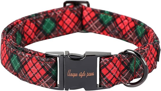 Unique style paws Dog Collar Metal Buckle Puppy Collar for Winter Christmas Red Green Plaid for Small Medium Large Boys Girls Dogs