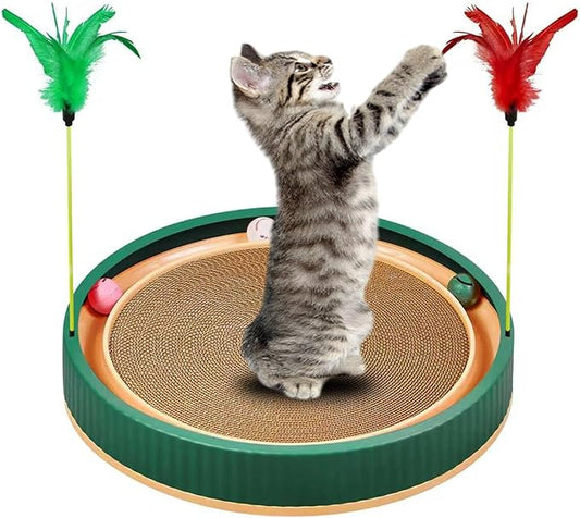20-Inch Round Cat Scratcher Bed with Ball Track ??3-in-1 Interactive Cardboard Scratching Pad with Feather Toy & Non-Slip Base ??Great for Indoor Cats, Active Kittens & Large Breeds (Green)