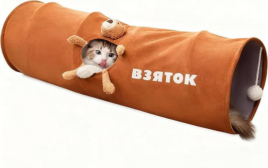 Cat Tunnel for Indoor Cats,Collapsible Cat Play Tunnel Tube with Hanging Ball&Bear Peek Hole,Funny Cat Toys Cats Bed Cave for Kitten,Puppy,Rabbit,Christmas of Gifts(Brown,47.2?³x10?³x10??