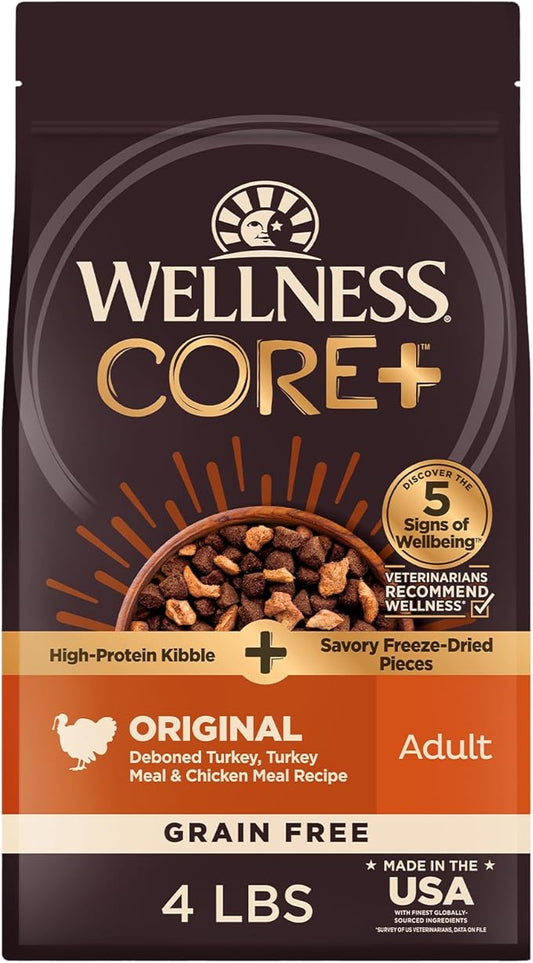 Wellness CORE+ Dry Dog Food with Freeze Dried Pieces, Grain Free, High Protein, Natural, Original Turkey & Chicken Recipe, (4-Pound Bag)