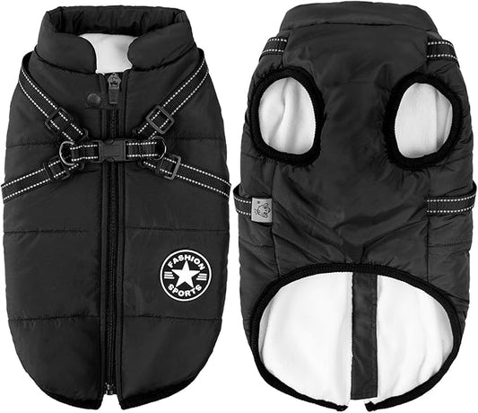 Aiboria Dog Coat for Winter Waterproof Jackets Windproof Fleece Large Dogs Vest Harness Winter Warm Padded Pet Black 4XL