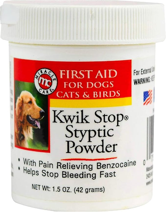 Miracle Care Kwik Stop Styptic Powder for Dogs, Cats and Birds, 1.5 Ounce, Fast-Acting Blood Stop Powder with Pain Relieving Benzocaine